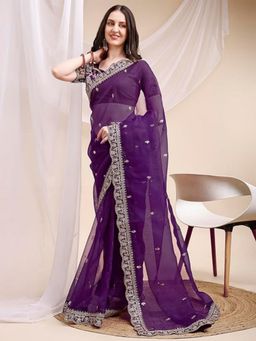 Odette - Purple Organza Embellished Solid Saree with Unstitched Blouse