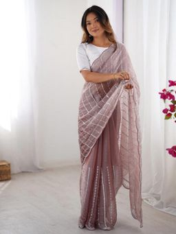 Odette - Mauve Chiffon Embellished Solid Saree with Unstitched Blouse