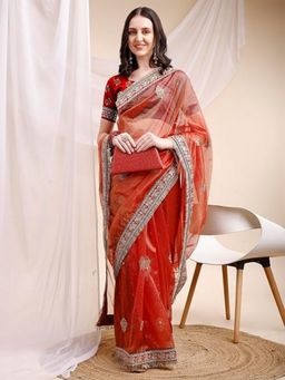 Odette - Red Organza Embellished Solid Saree with Unstitched Blouse