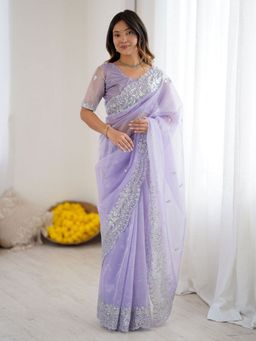 Odette - Lavender Organza Embellished Solid Saree with Unstitched Blouse