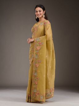 Odette - Mustard Silk Blend Embroidered Solid Saree with Unstitched Blouse