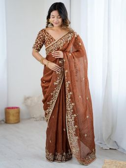 Odette - Brown Chiffon Embroidered Solid Saree with Unstitched Blouse