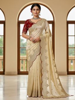 Odette - Cream Silk Blend Embroidered Solid Saree with Unstitched Blouse