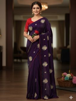 Odette - Dark Purple Silk Blend Embroidered Solid Saree with Unstitched Blouse