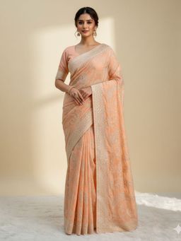 Odette - Light Orange Organza Embellished Saree with Unstitched Blouse