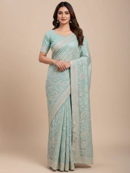 Odette - Sky Blue Organza Embellished Saree with Unstitched Blouse