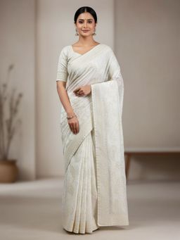 Odette - White Organza Embellished Saree with Unstitched Blouse