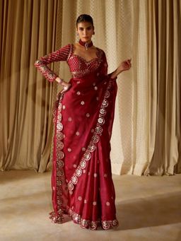 Odette - Maroon Georgette Embellished Solid Saree with Unstitched Blouse
