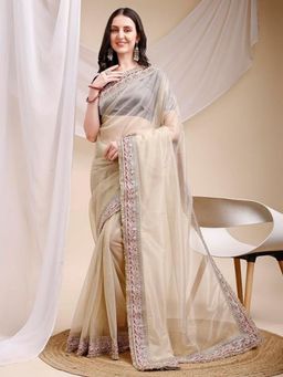 Odette - Cream Organza Embellished Solid Saree with Unstitched Blouse