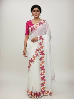 Odette - White Chiffon Embroidered Solid Saree with Unstitched Blouse