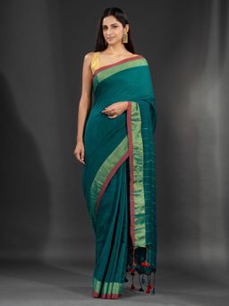CHARUKRITI - Green Blended Cotton Hand Woven Saree with Sequin Work in Pallu with Unstitched Blouse
