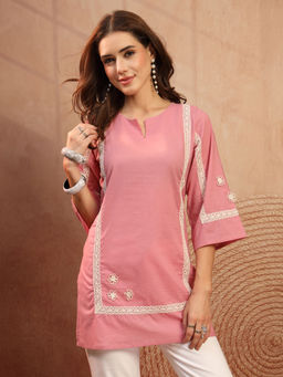 COTLAND FASHION - Pink Jaipuri Pure Cotton Lace Detail Short Kurti