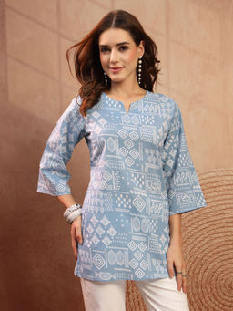 COTLAND FASHION - Blue Pure Cotton Geometric Printed Short Kurti