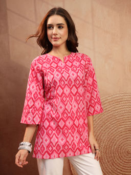COTLAND FASHION - Pink Pure Cotton Geometric Printed Short Kurti