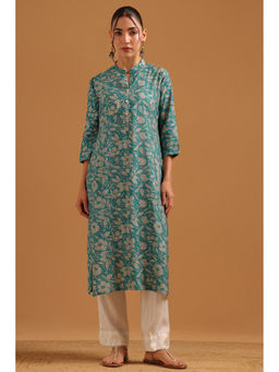 Soch - Teal Muslin Botanical Printed Kurta