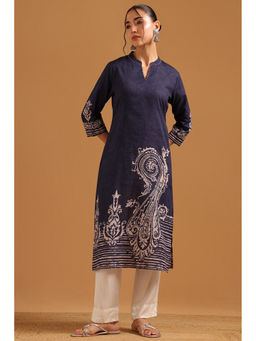 Soch - Navy Blue Cotton Batik Printed Paisley Kurta