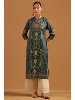 Soch - Green Muslin Ethnic Motifs Ikat Printed Kurta