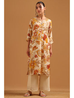 Soch - Mustard Kota Doria Botanical Printed Kurta