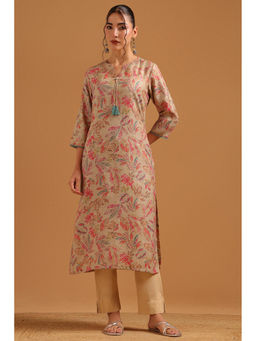 Soch - Beige Linen Blend Digital Printed Botanical Tassel-Detailed Kurta