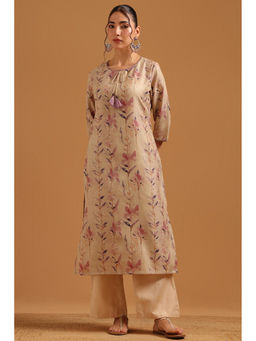Soch - Beige Linen Blend Botanical Digital Print Kurta