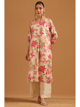 Soch - Pink Kota Doria Botanical Printed Kurta