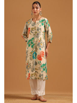 Soch - Grey Kota Doria Digital Printed Botanical Dobby Weave Kurta