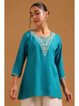 Soch - Blue Viscose Floral Printed Embroidered Tunic