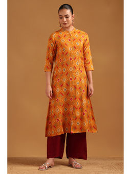 Soch - Mustard Viscose Blend Ikat Printed Kurta