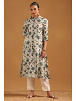 Soch - Green Viscose Blend Screen Printed Botanical Kurta