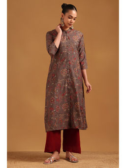 Soch - Grey Viscose Blend Screen Printed Botanical Kurta