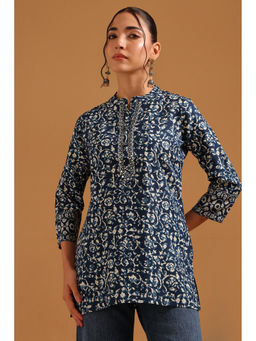 Soch - Navy Blue Viscose Botanical Printed Mirror Work Tunic