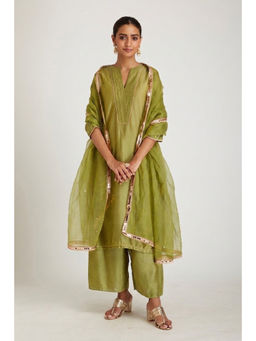 SAMAK By Marziamehdi - Olive Meadow Light Kurta with Palazzo and Dupatta