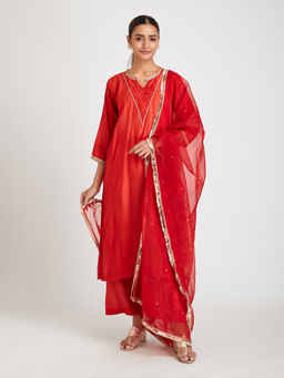 SAMAK By Marziamehdi - Red Sunset Blaze Kurta with Pant and Dupatta