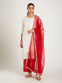 SAMAK By Marziamehdi - White Crimson Dusk Kurta with Pant and Dupatta