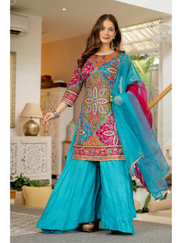 ESTELA - Turquoise Women Ethnic Motifs Embroidered Empire Crepe Kurta with Palazzo and Dupatta