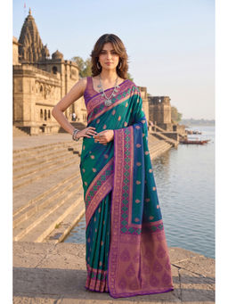 Monjolika Fashion - Dark Teal Kanjivaram Style Banarasi Soft Silk Saree with Unstitched Blouse