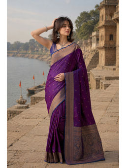 Monjolika Fashion - Dark Purple Kanjivaram Style Banarasi Soft Silk Saree with Blouse Piece
