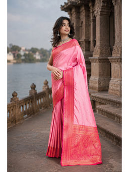 Monjolika Fashion - Light Pink Kanjivaram Style Banarasi Soft Silk Saree with Unstitched Blouse