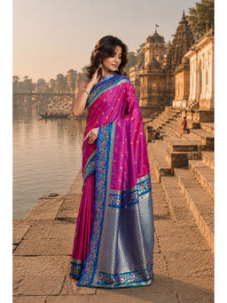 Monjolika Fashion - Pink Banarasi Soft Satin Silk Saree with Unstitched Blouse