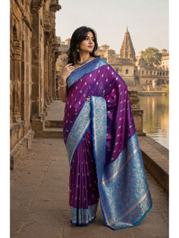 Monjolika Fashion - Purple Banarasi Soft Satin Silk Saree with Unstitched Blouse