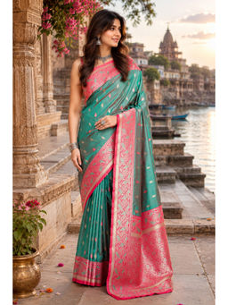 Monjolika Fashion - Sea Green Banarasi Soft Satin Silk Saree with Unstitched Blouse