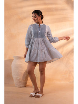 Juniper - Blue Printed Flared Tunic with Pintuck Yoke