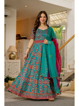 ESTELA - Blue Women Motifs Embroidered Anarkali Kurta with Dupatta