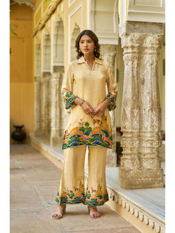 BAIRAAS - Women Printed Embroidered Crepe Silk Yellow V-Neck Co-Ord Set