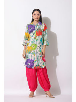 BAIRAAS - Women Printed Muslin White Kurta with Salwar
