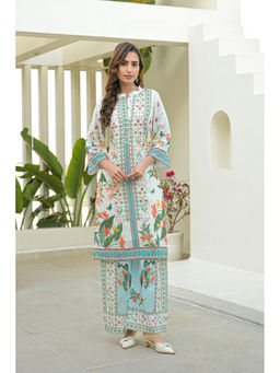 BAIRAAS - Women Printed Pure Cotton White Mandarin Collar Co-Ord Set