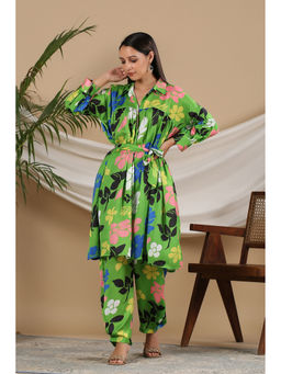 BAIRAAS - Women Floral Printed Santoon Green Shirt Collar Co-Ord Set