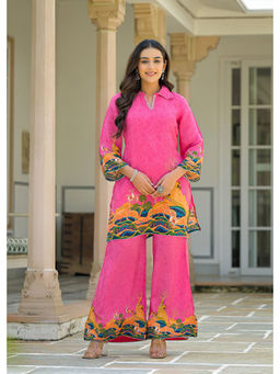 BAIRAAS - Women Printed Embroidered Crepe Silk Pink Kurta with Palazzo
