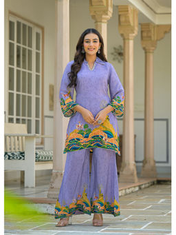 BAIRAAS - Women Printed Embroidered Crepe Silk Purple Kurta with Palazzo