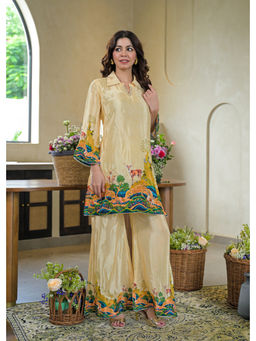 BAIRAAS - Women Printed Embroidered Crepe Silk Yellow Kurta with Palazzo
